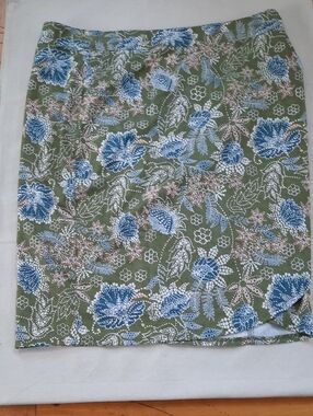 Rip Skirt Midi Length, With Pockets. Olive Green Floral With Blue, White, Peach
